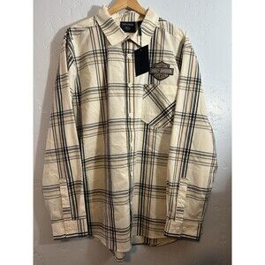 Harley-Davidson Shirt Mens Medium White Black Tan Plaid HD Logo Long Sleeve